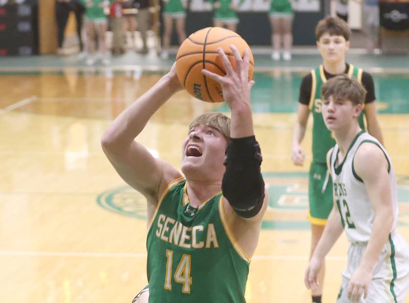 Seneca's Cam Shirley eyes the hoop against St. Bede on Tuesday, Dec. 16, 2025 at St. Bede Academy.