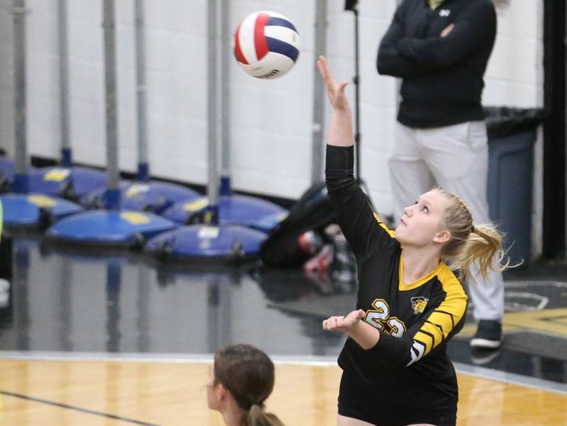 Putnam County's Emberlyn Cwikla serves the ball against Henry-Senachwine during the Class 1A Regional semifinal game on Wednesday, Oct. 29, 2025 at Putnam County High School.