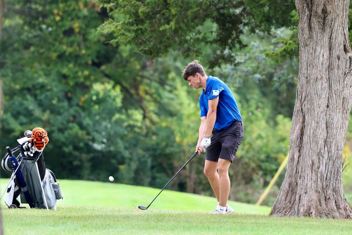Princeton's Beckett Funderberg strikes the ball during the Three Rivers Conference Tournament on Tuesday, Sept. 23, 2025 at Chapel Hill Golf Course in Princeton.