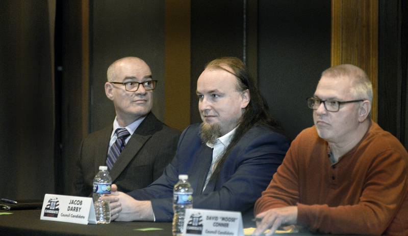 (Left to right) Streator mayoral candidate Brian Crouch and council candidates Jacob Darby and David "Moose" Conner participate in a candidates forum Thursday, March 9, 2023, at the Eastwood in Streator.