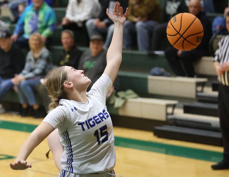 Princeton's Ava Munson misses a rebound against St. Bede during the Class 2A Regional semifinal game on Tuesday, Feb. 17, 2026 at St. Bede Academy.