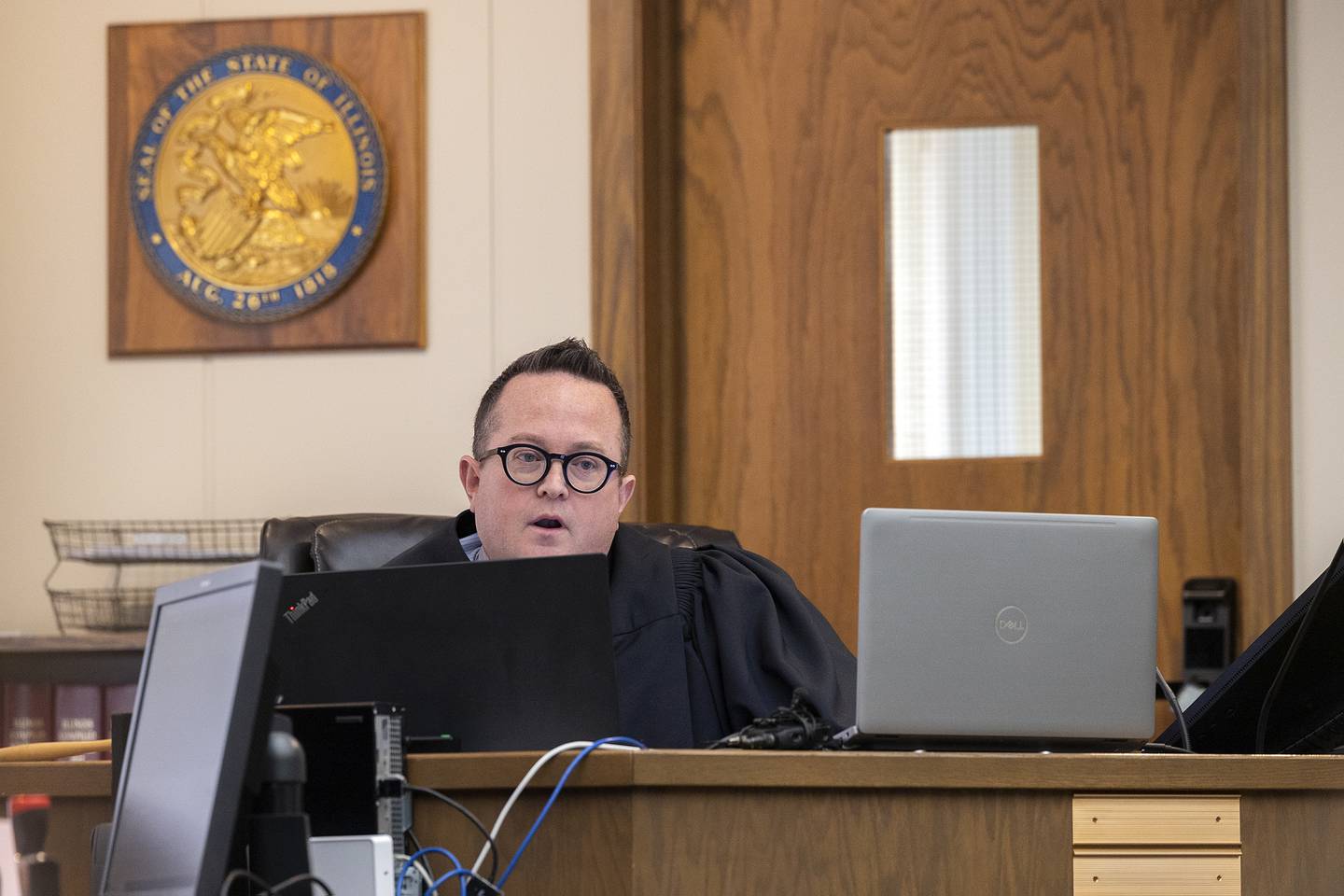 Judge Matthew Klahn oversees the hearing of Matthew Herpstreith Wednesday, April 23, 2025. Herpstreith pled not guilty in the death of Jackson Kradle.