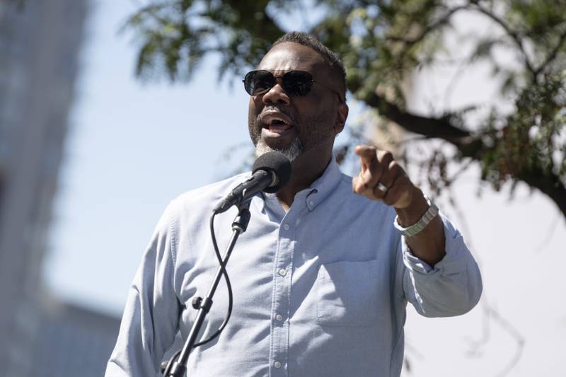 Chicago Mayor Brandon Johnson speaks near the Haymarket Memorial in the West Loop during a march where activists, workers and politicians spoke against President Donald Trump and advocated for workers' rights, on Labor Day, Monday, Sept. 1, 2025. (Pat Nabong/Sun-Times/Chicago Sun-Times, via AP)