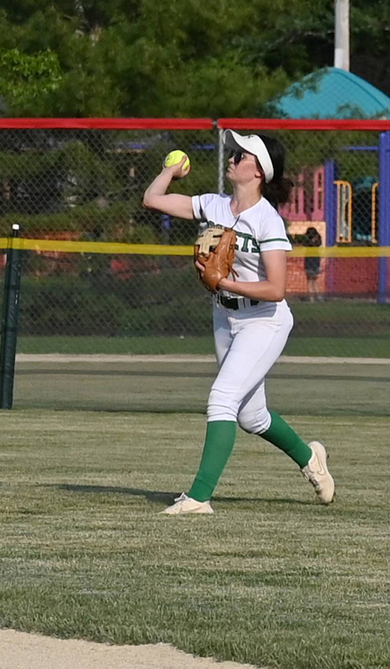 Rock Falls right fielder tosses the ball home after a single  in deep right center Tuesday.