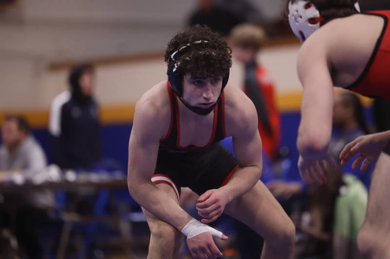 Lincoln-Way Central’s Nathon Knowlton faces Deerfield’s Jordan Rasof in the 126 pound semifinal at the Joliet Central McLaughlin Classic in Joliet.