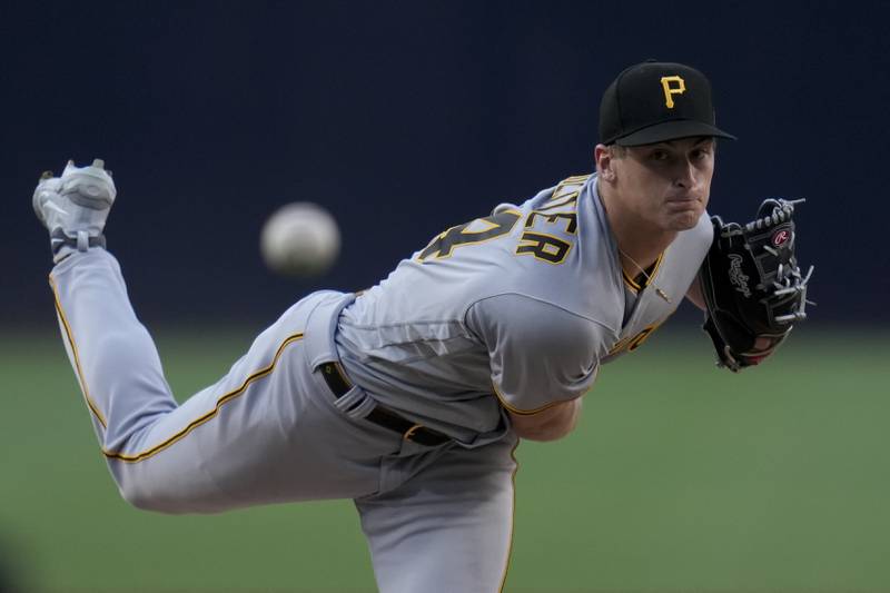 Pittsburgh Pirates starting pitcher Quinn Priester works against a San Diego Padres batter during the first inning Monday, July 24, 2023, in San Diego.