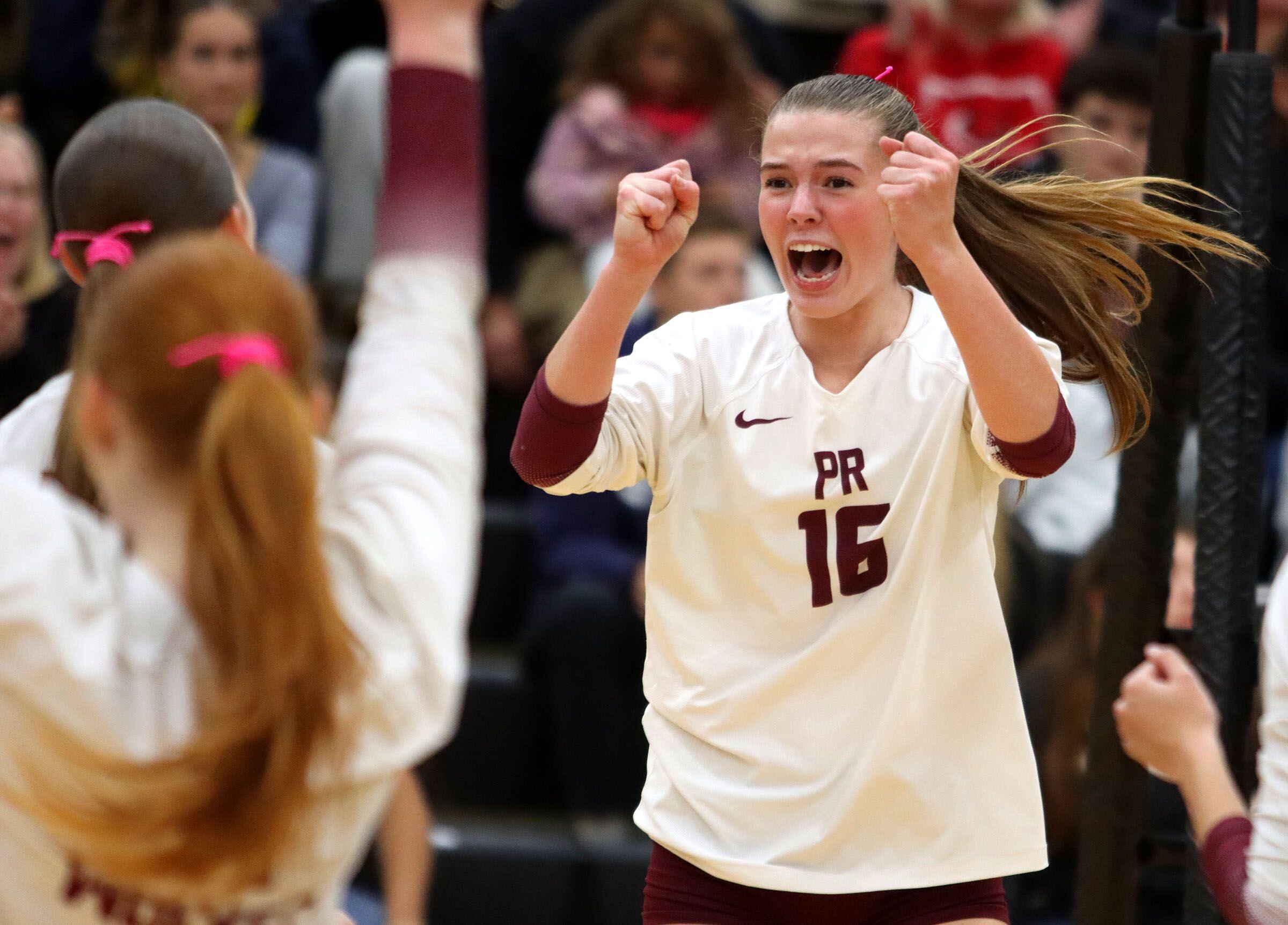 Prairie Ridge’s Addy Grider celebrates a point against St. Viator in IHSA Class 3A Super-Sectional girls volleyball at Streamwood High School in Streamwood on Monday, November 10, 2025.