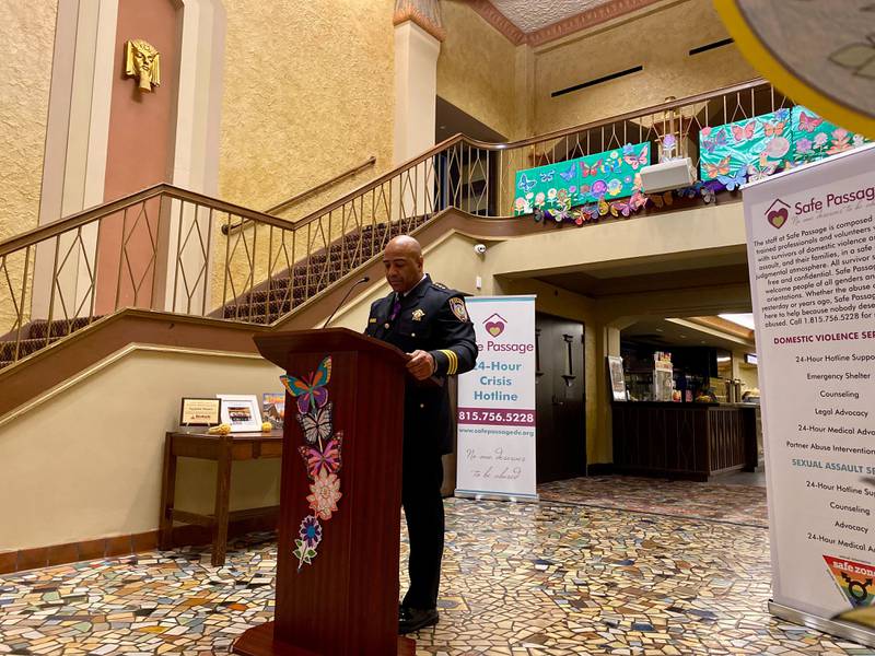 DeKalb Police Chief David Byrd gives remarks at the annual Safe Passage Domestic Violence Candlelight Vigil and Survivor Speak-Out inside the Egyptian Theatre, 135 N. Second St. in downtown DeKalb on Monday, Oct. 2, 2023.