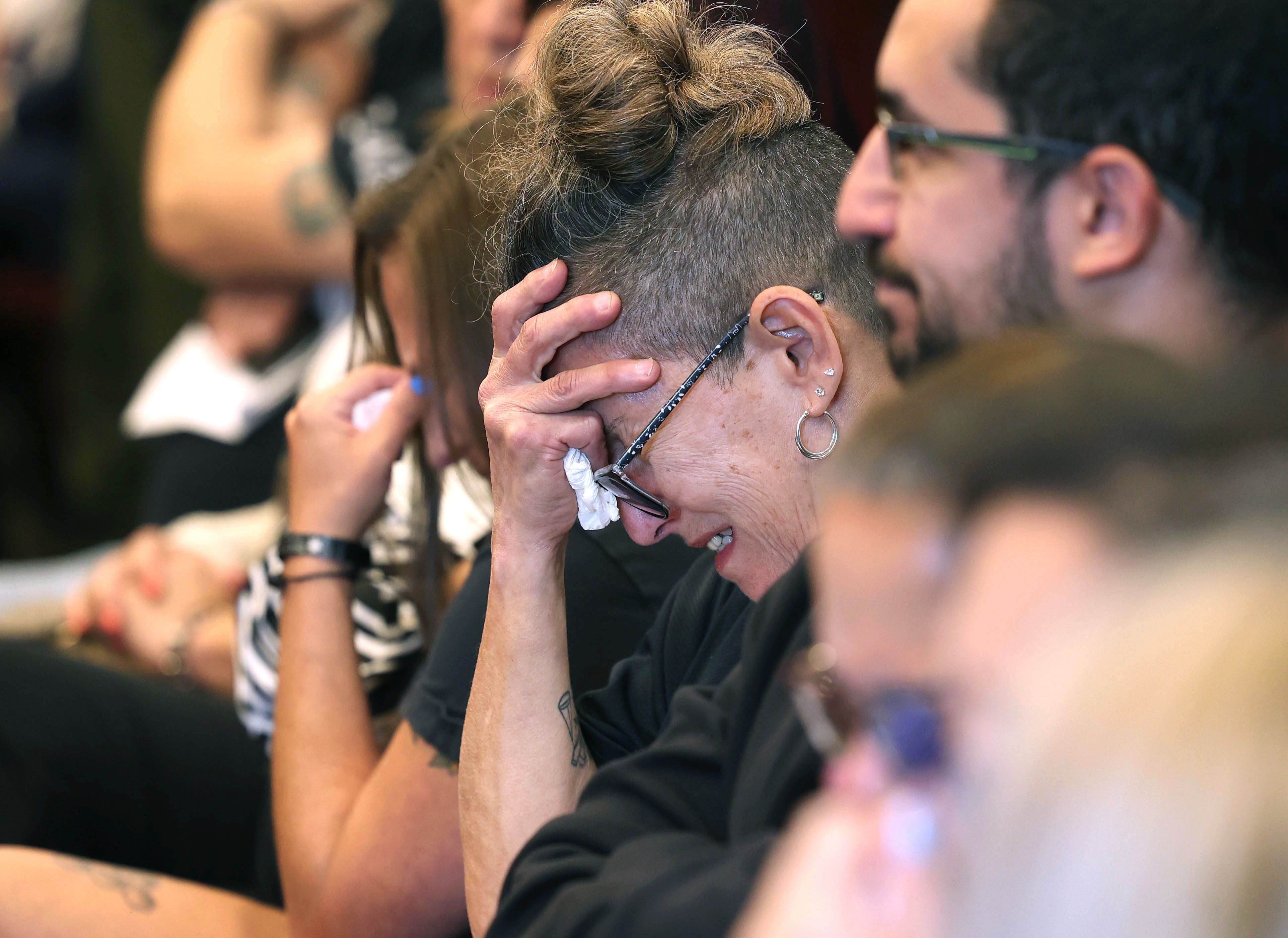 Diane Caporaso, mother of Christina Musil, becomes emotional as she hears the sentence read for for Nathan P. Sweeney Tuesday, Aug. 26, 2025, at the DeKalb County Courthouse in Sycamore. Sweeney received the maximum 14 years for driving under the influence and causing the 2024 crash that killed DeKalb County sheriff’s deputy Musil.
