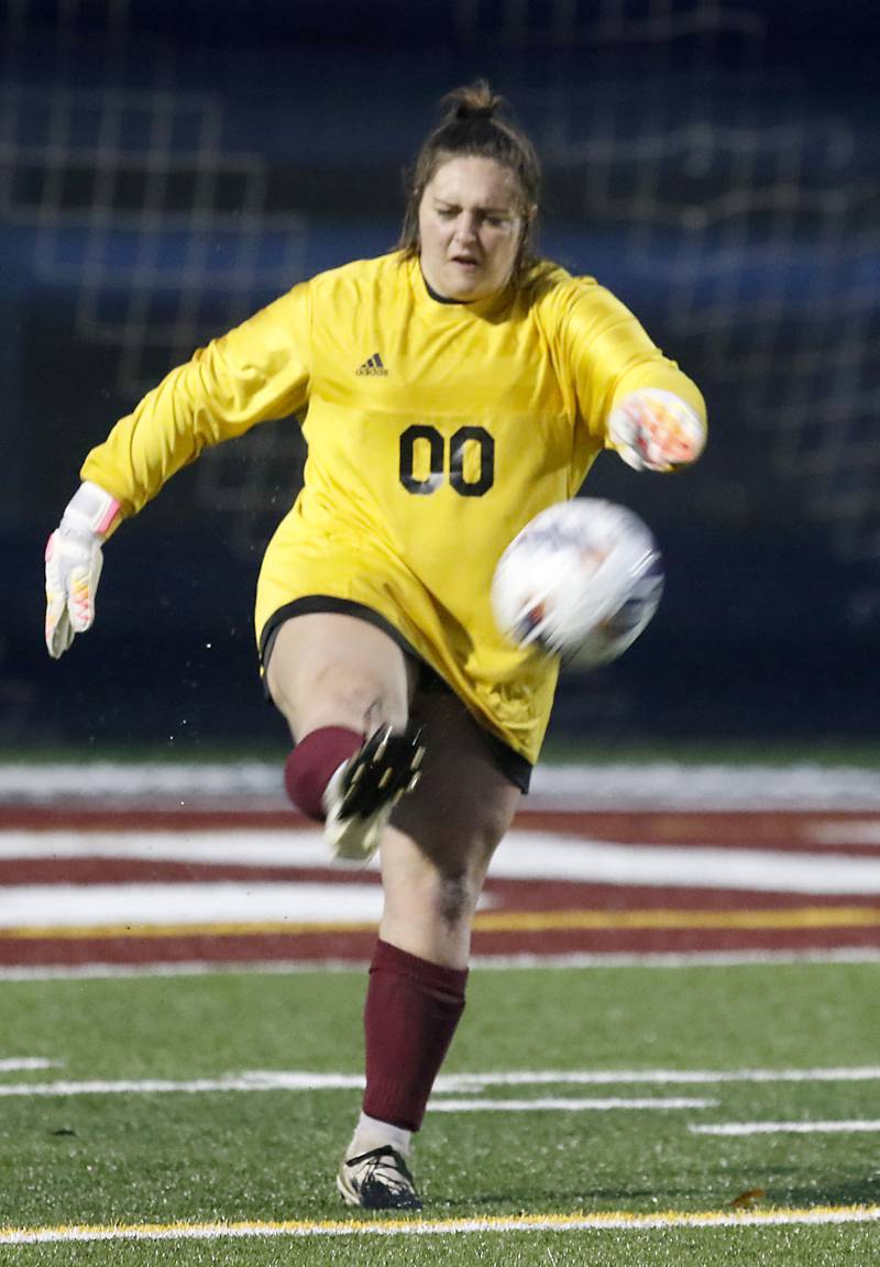 Richmond-Burton's Taylor Labay punts the ball during a non-conference girls soccer match against McHenry Thursday, March 16, 2023, at Richmond-Burton High. McHenry defeated Richmond Burton 4-0, in the first game of the season for both teams.