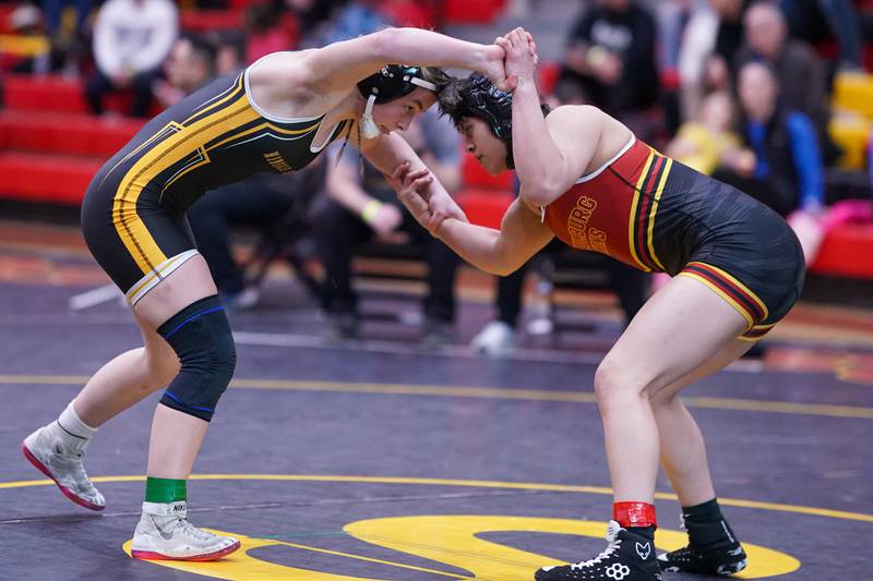 Hinsdale South’s Callie Carr (left) competes against Shaumburg’s Valeria Rodriguez in a 155 pound championship match during the Schaumburg Girls Wrestling Sectional at Schaumburg High School on Saturday, Feb 10, 2024.