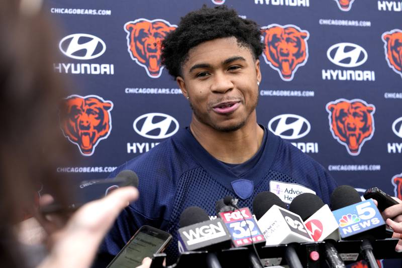 Chicago Bears wide receiver Tyler Scott smiles as he speaks to media during the team's rookie minicamp, Friday, May 5, 2023, at Halas Hall in Lake Forest.