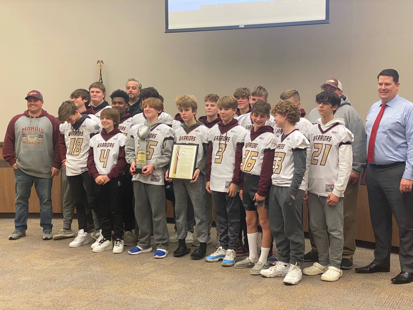 Morris Warriors Varsity team is recognized at the Monday's city council meeting.