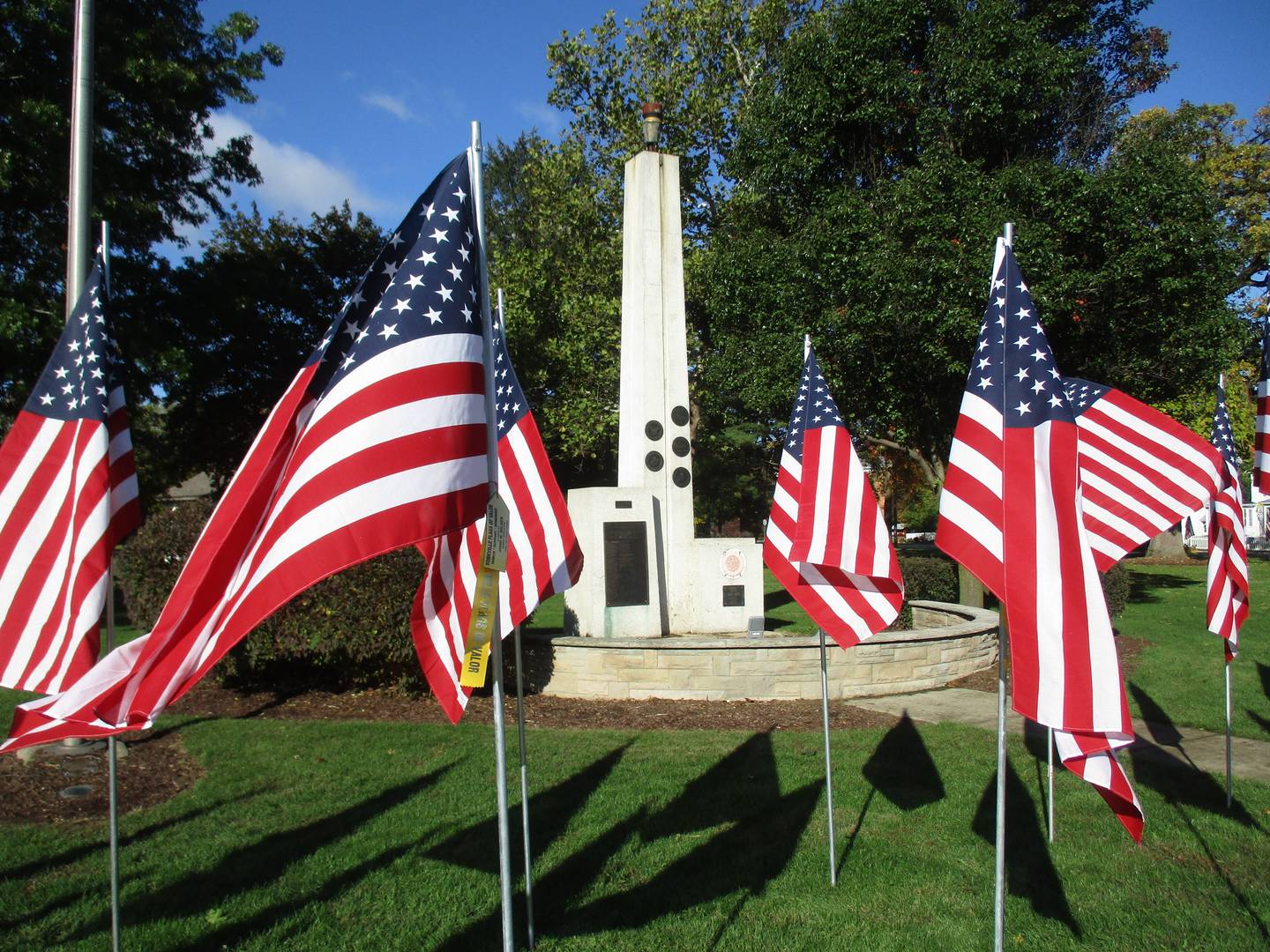 The Yorkville War Memorial, honoring the memory of Kendall County residents who died in service to their country, was dedicated on May 30, 1969. The memorial, is the centerpiece of Town Square Park, which is playing host to the annual Flags of Valor display. (Mark Foster - mfoster@shawmedia.com)