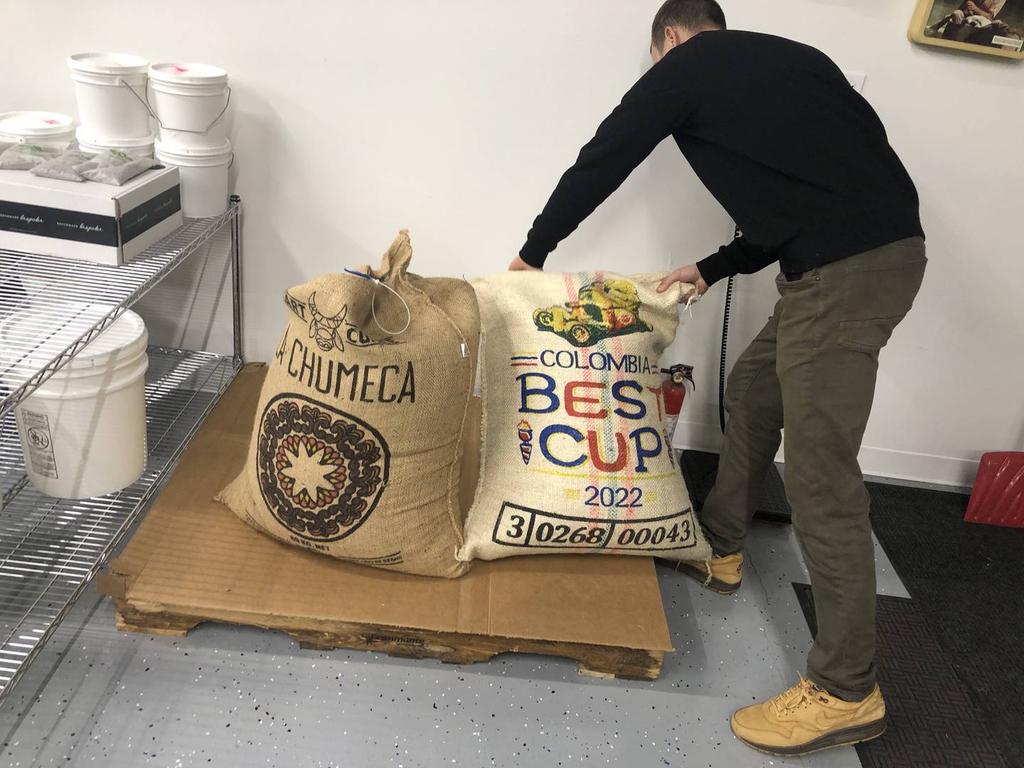 Raw coffee beans wait for their turn in the roaster at Heady Cup Coffee Roasters in McHenry on Tuesday, Feb. 21, 2023. The owners, Michael Kivland and Kevin Fogelsong, will begin selling at farmers markets later this week.