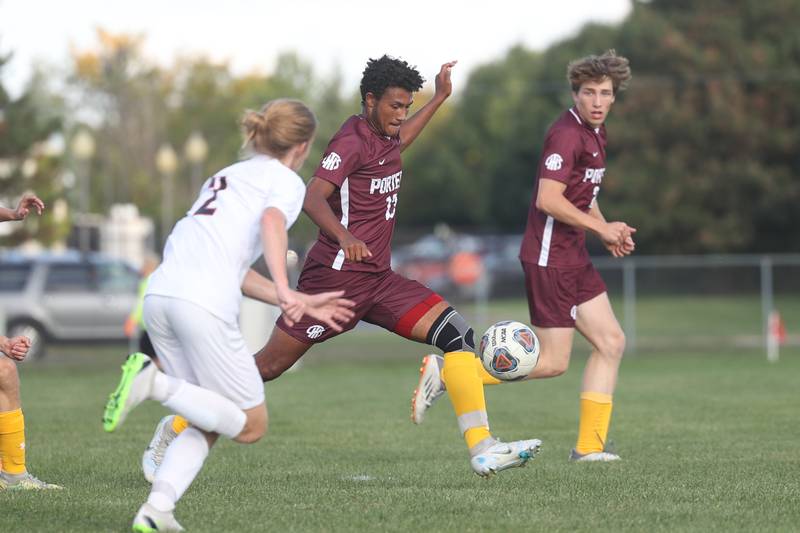 Lockport’s Dominic Williams takes a shot on the open net setting up Sean Flannery with the finish against Lincoln-Way Central. Thursday, Sept. 22, 2022, in Lockport.