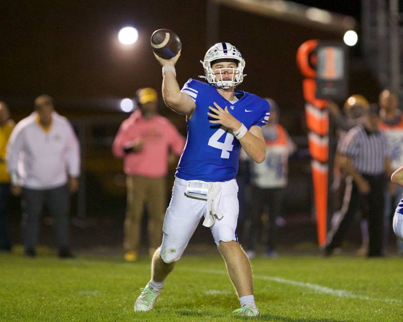 Burlington Central's Jackson Alcorn throws a pass against Jacobs on Friday, October 4,2024 in Burlington.