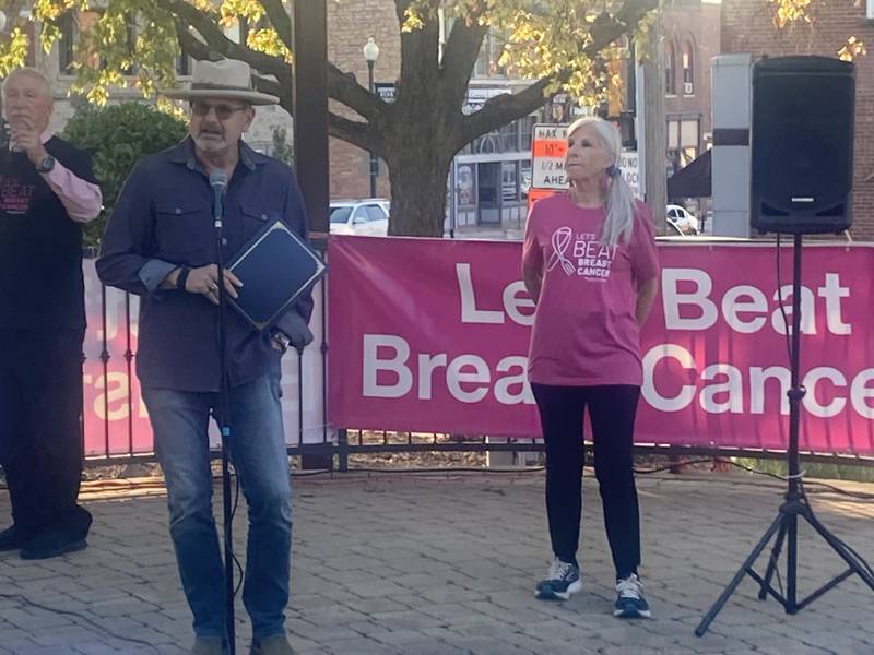 Lockport Mayor Steven Streit and event organizer Janet Pearson speak at the Let's Beat Breast Cancer rally at Central Square.
Thursday, Oct. 16, 2025.