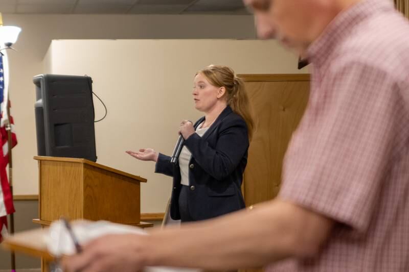 Bureau County Coroner Candidate Alexandria “Lexi” Wamhoff talks at debate on Wednesday, October 2, 2024 at Moose Lodge in Princeton.