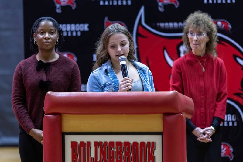 Carly Schopp shares a closing message at the surprise assembly during which Dr. Jaclyn Lennox, Bolingbrook High School’s assistant principal, was honored with the Milken Educator Award at Bolingbrook High School on Oct. 16, 2025.