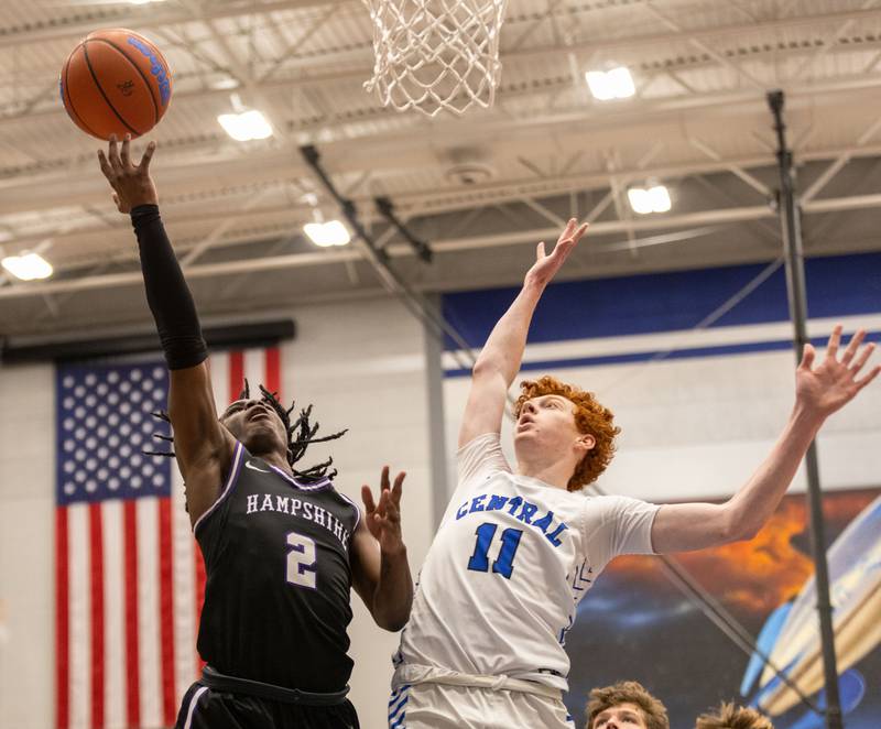 Hampshire point and shooting guard Daniel Luckett (2) goes up for a layup during a game at Burlington Central High School on Friday, Dec. 22, 2023.