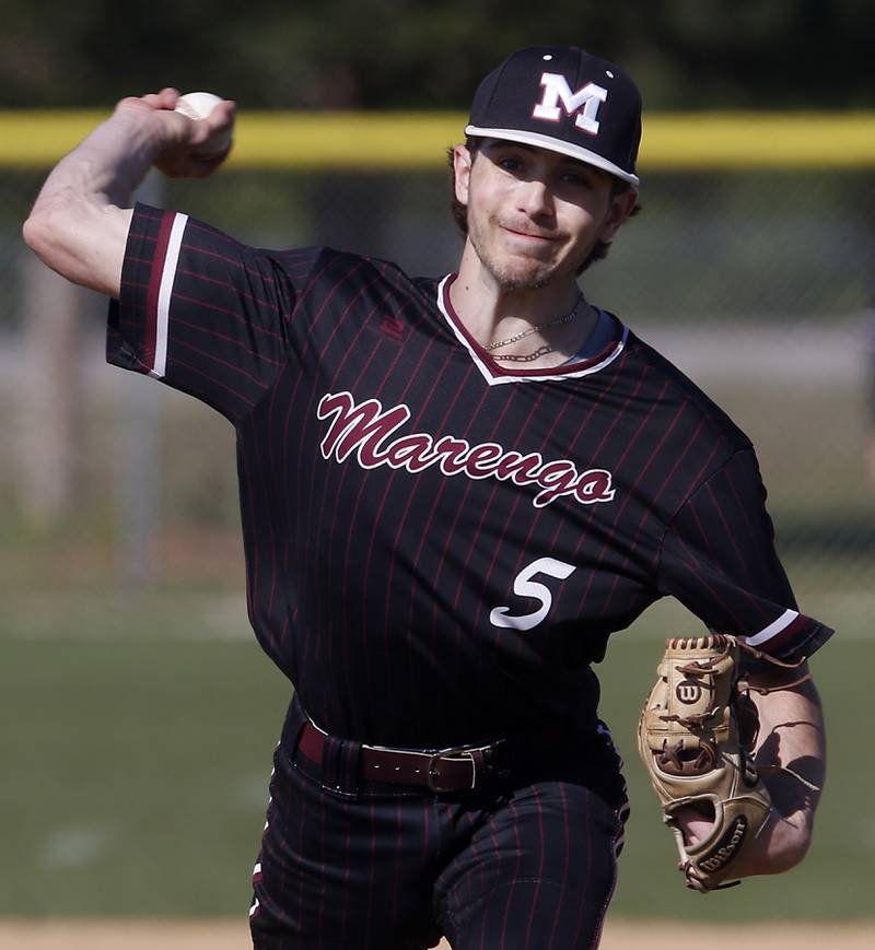 Marengo's Michael Kirchhoff throws a pitch during a Kishwaukee River Conference baseball game against Richmond-Burton on Thursday, April 25, 2024, at Marengo High School.
