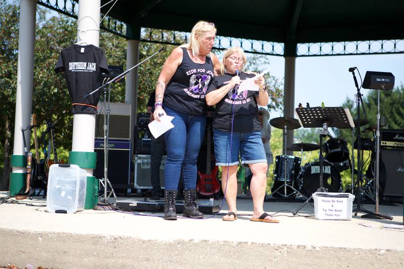 Kathy Zander comforts Momma Nancy as she shares her story of her Son at the 9th Annual Ride for John for my child's life matters on Saturday Aug.2, 2025 in Carol Stream.