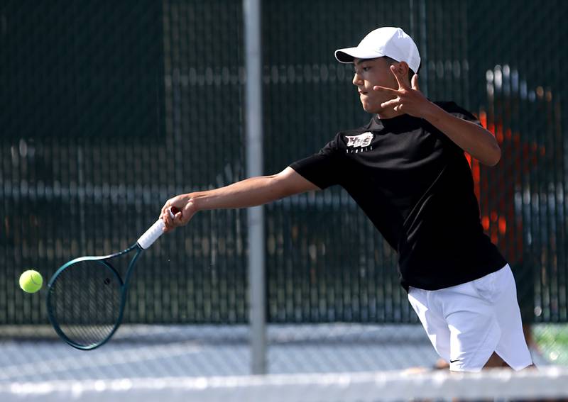 Huntley’s Will Geske returns the ball as he competes in the Class 2A Boys State Tennis Tournament on Thursday, May 23, 2024, at Hersey High School in Arlington Heights.