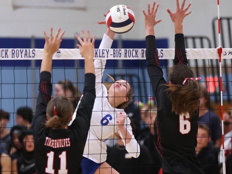 Hinckley-Big Rock's Courtlyn Brockway spikes the ball between Indian Creek's Ellie Bend (left) and Isabella Turner during their match Tuesday, Sept. 24, 2024, at Hinckley-Big Rock High School.