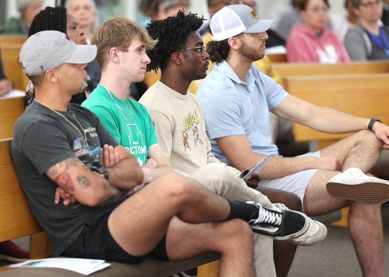Attendees listen to speakers during the informational meeting Thursday, May 18, 2023, at New Hope Missionary Baptist Church in DeKalb. The meeting centered on the the proposed plans for the vacant lot on the corner of Blackhawk Road and Hillcrest Drive.