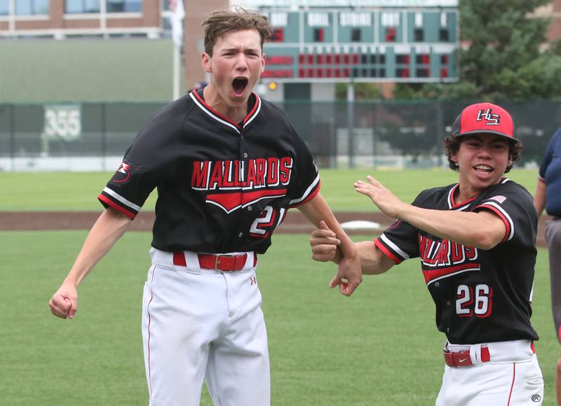 Henry-Senachwine platers Ben Meachum and Nico Yee react after defeating Milford during the Class 1A Supersectional game on Monday, May 29, 2023 at Illinois Wesleyan University in Bloomington.