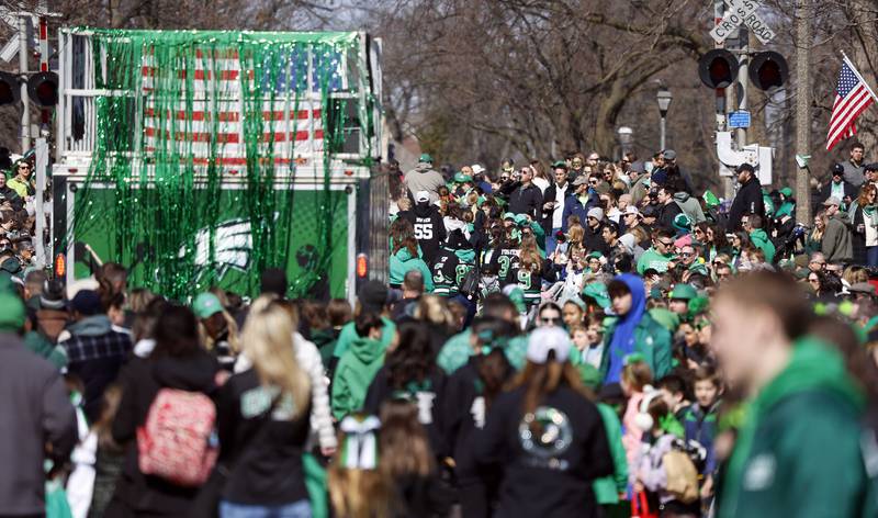 Spring Road is jam packed with parade goers during the annual St. Patrick’s Day Parade Saturday, March 8, 2025 in Elmhurst Ill.