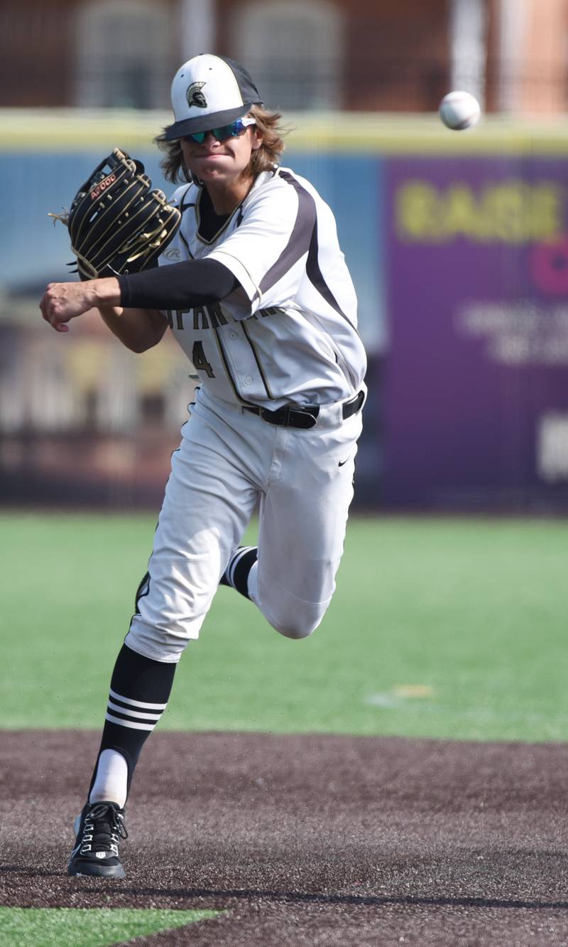 Joe Lewnard/jlewnard@dailyherald.com
Sycamore Shortstop Collin Severson makes the relay throw to complete a double play during the Class 3A  third-place state baseball game against Effingham in Joliet Saturday.