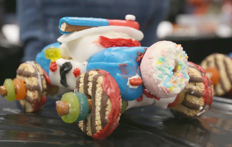 A police themed edible car is ready to race during the 29th annual Edible Car Contest on Wednesday, Feb. 26, 2025 in the cafeteria at Illinois Valley Community College.