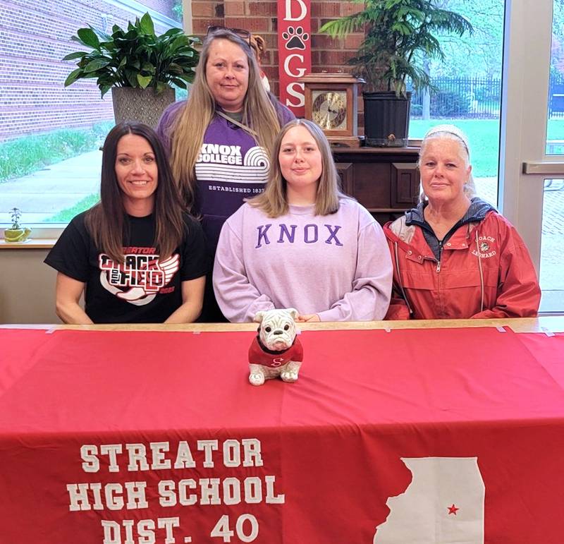 2025 Streator graduate Madelyn Martin will be continuing her education in mathematics at Knox College in Galesburg and her track and field career at the NCAA Division III level with the Prairie Fire. Pictured at her signing ceremony are (left to right) Devin Doty, Madelyn's mother Megan, Madelyn Martin and Zena Leonard.