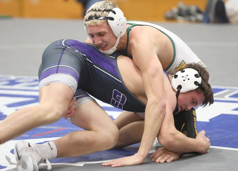 Coal City's Luke Munsterman wrestles Oakwood's Devin Ehler during the 62nd annual Lyle King Princeton Invitational boys tournament on Saturday, Jan. 10, 2026 at Princeton High School.