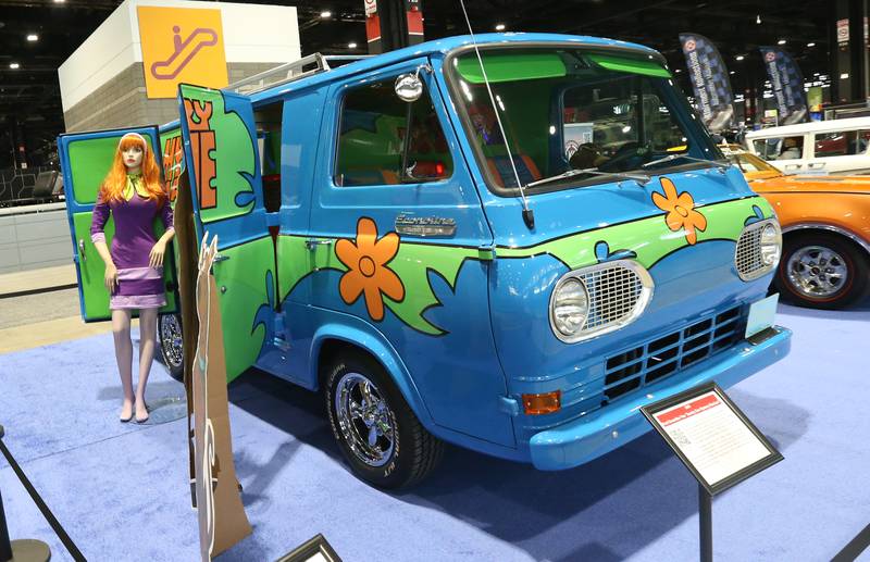 A view of The "Scooby Doo Mystery Machine" on Thursday, Feb. 8, 2024 during the Chicago Auto Show in McCormick Place .This 1966 Ford Econoline Van.