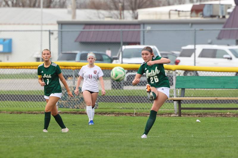 Bishop McNamara's Tatum Smith sends the ball forward during the FIghtin' Irish's 9-1 loss to Bradley-Bourbonnais in All-City play on Tuesday, March 31, 2026.