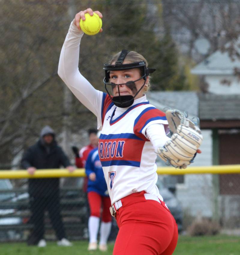 Morrison's Bella Duncan zeroes in on home plate as she pitches against Polo on Thursday, April 10, 2025 in Polo.