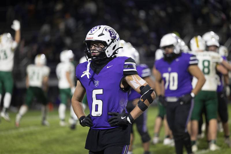 Dixon’s Logan Mershon comes off the field in the waning seconds of the Dukes’ loss against Coal City Friday, Nov. 7, 2025.