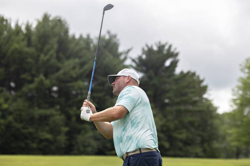 Jason Wombacher of Prairie View tees off on #5 Saturday, July 19, 2025, during the 103rd Annual Lincoln Highway Men’s Golf Tournament.