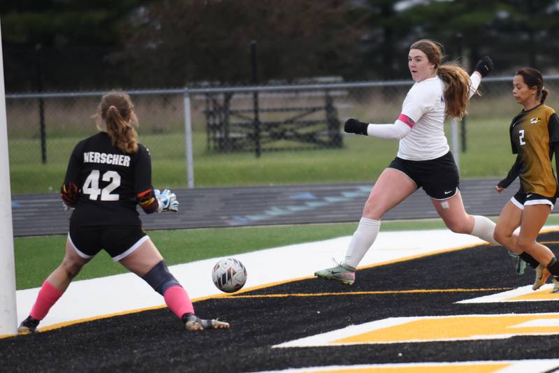 Manteno's Emily Horath takes a shot during a game at Herscher Wednesday, May 6, 2026.