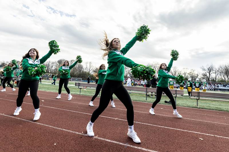 Providence’s varsity dance team shares school spirit during a 5A varsity football playoff game against Washington at Providence on Nov. 15, 2025.
