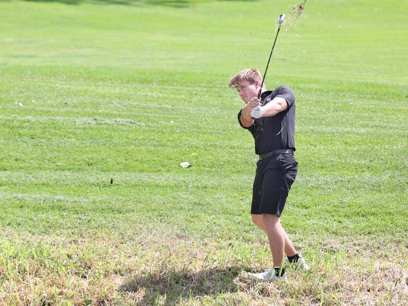 Sycamore's Ethan Fischer watches his ball after hitting from the heavy rough the 7th hole Monday, Aug. 22, 2022, during the Mark Rolfing Cup at Kishwaukee Country Club in DeKalb.