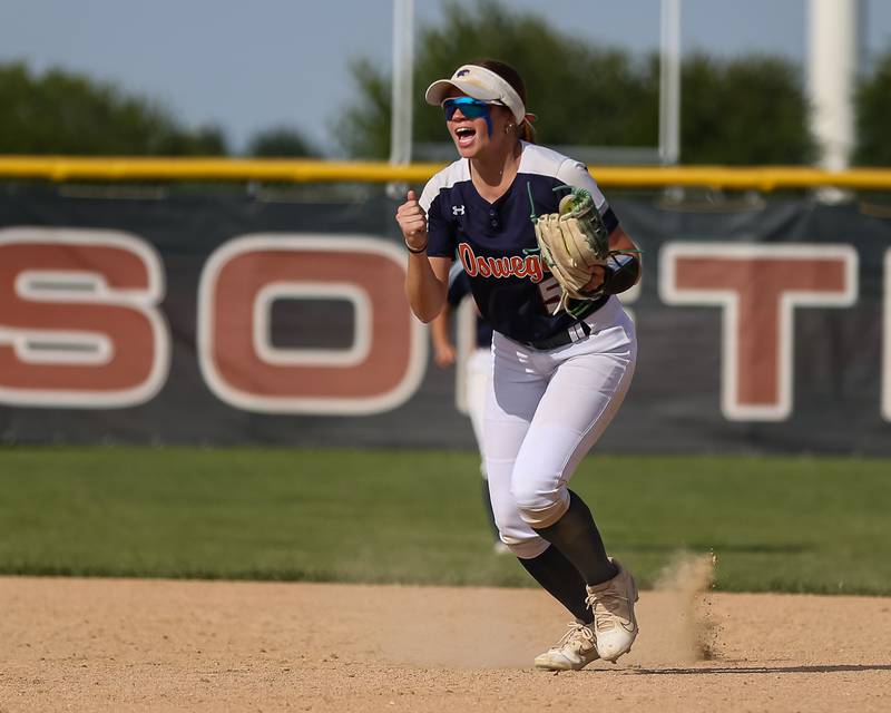 Oswego's Marissa Moffett (5) celebrates the last out of the inning during Class 4A Plainfield North Sectional final softball game between Wheaton North at Oswego. May 31th, 2024.