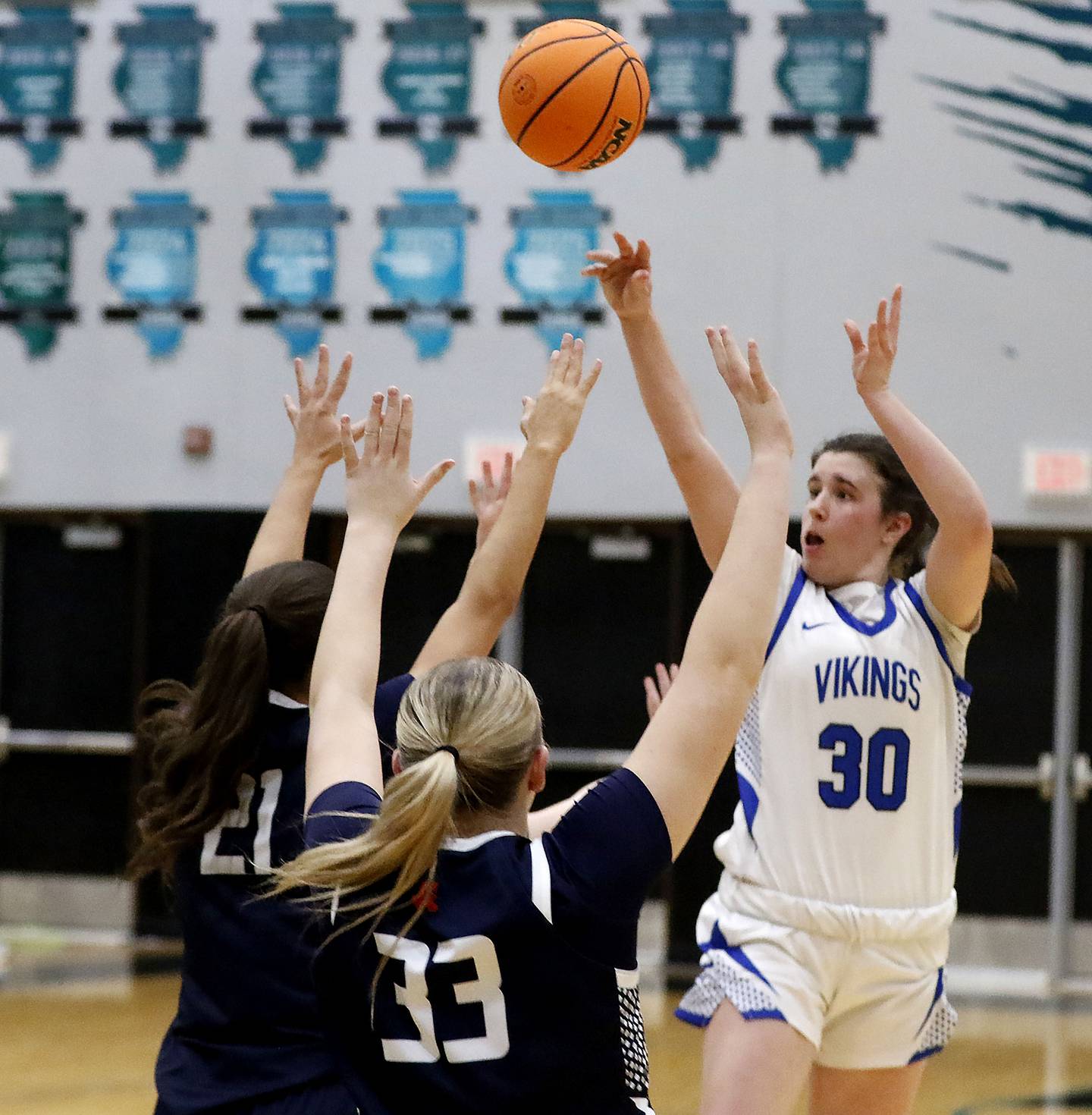 Geneva's Keira McCann tries to make a three-pointer in the last seconds of their game against St. Viator during the IHSA Class 3A Woodstock North Supersectional girls basketball game on Monday, March 2, 2026, at Woodstock North High School.