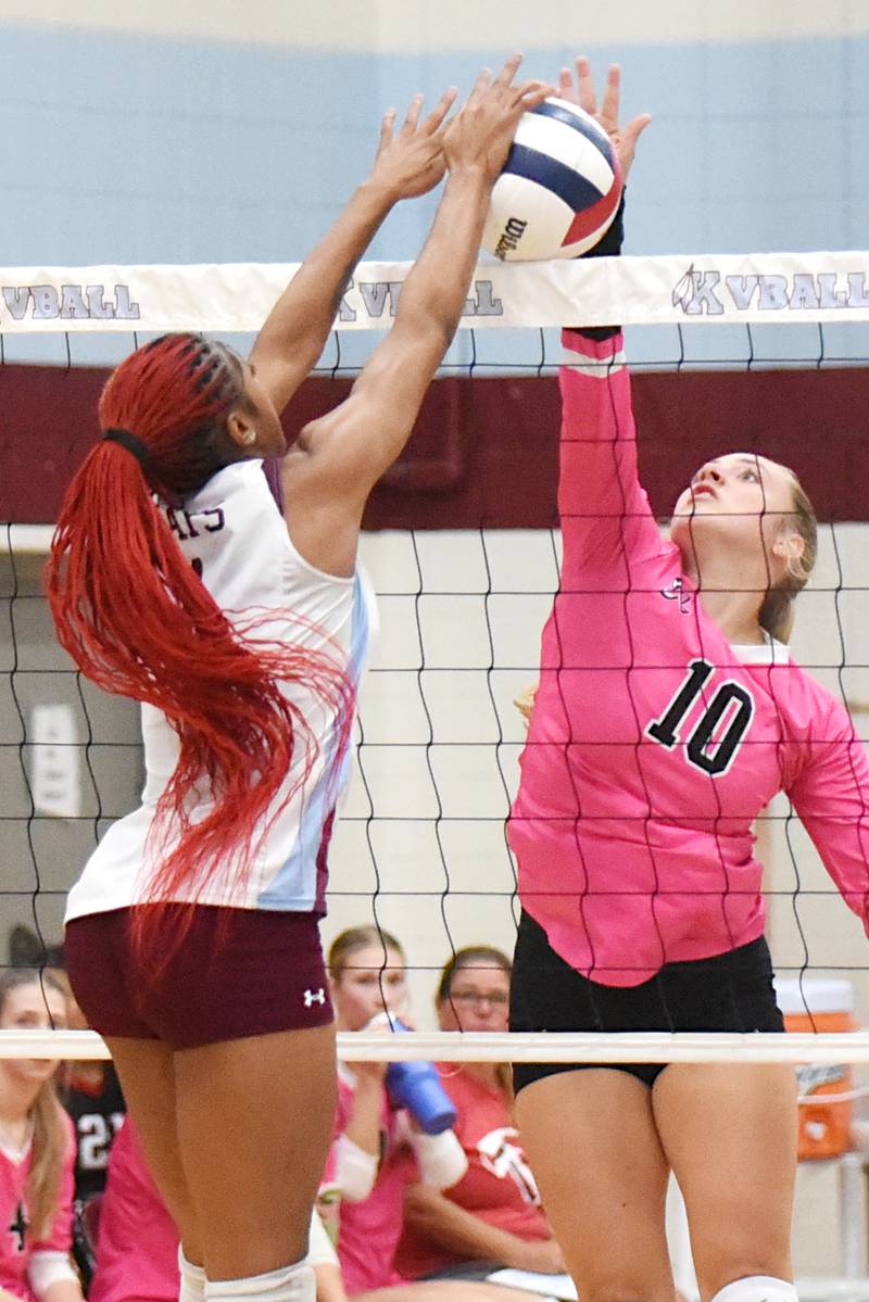 Bradley-Bourbonnais' Harper Tollefson, right, and Kankakee's Ki'Asia Wilson meet at the net during All-City play at Kankakee Tuesday, Sept. 9, 2025.