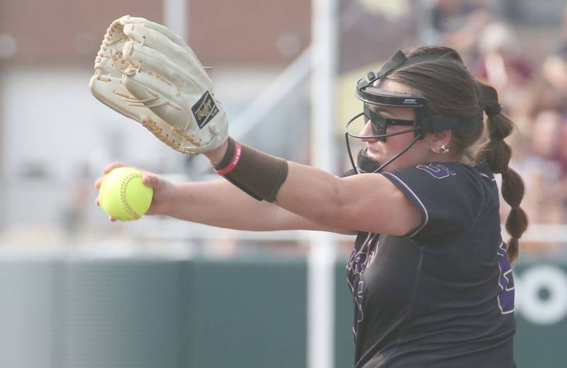 Serena pitcher Maddie Glade fires a throw to LeRoy during the Class 1A Supersectional game on Monday, June 2, 2025 at Illinois Wesleyan Univesity in Bloomington.