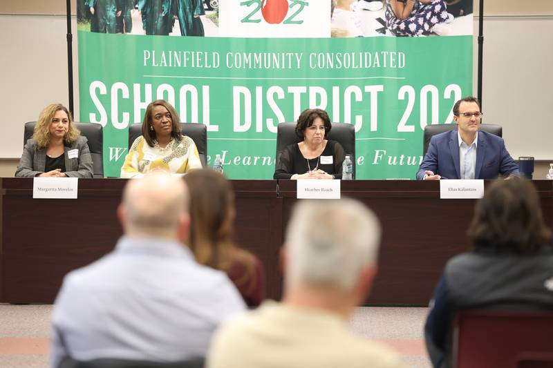 Candidates for Plainfield District 202 Board Margarita Morelos, Savena Joiner, Heather Roach and Elias Kalantzis sit in on a moderated forum for the candidates at the District 202 office on Thursday, March 16th, 2023 in Plainfield.