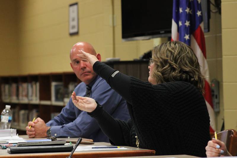 Sterling Public Schools board of education President Pam Capes engages in a discussion Wednesday about the merits of an proposal by Superintendent Tad Everett to use the time from Friday early dismissals to create teacher working groups that can assess student achievement data and apply that in the classrooms.